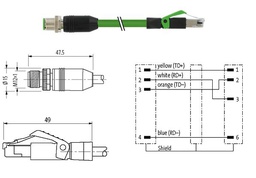 cable Ethernet - cordon droit - IP67 - M12-RJ45 - 1 m - CE-UL